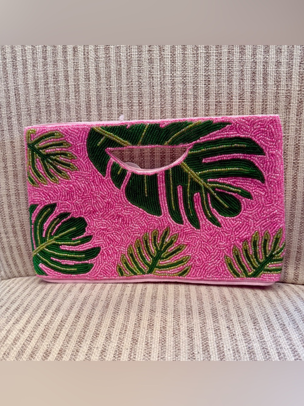 NWT Made in India Pink Beaded Clutch with Palm Leaves